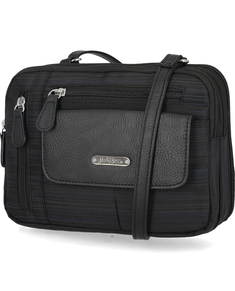 Black crossbody bag with visible brand logo on a white background
