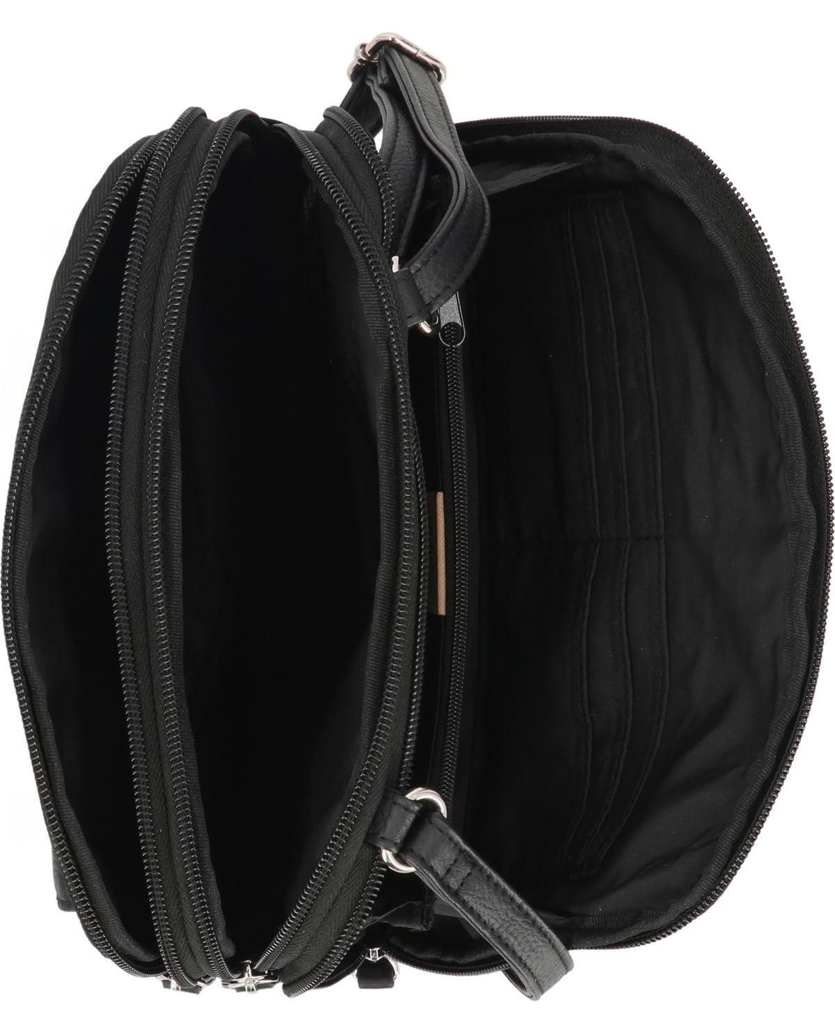 Black bag with multiple zippers on a white background