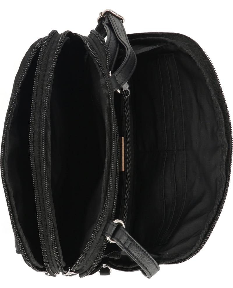 Black bag with multiple zippers on a white background