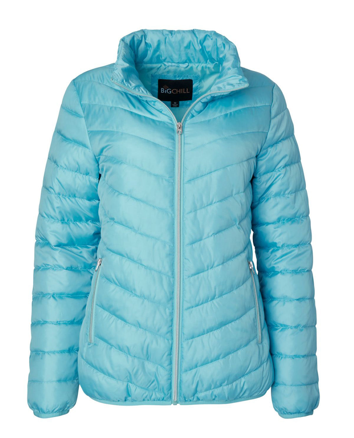 A light blue puffer jacket with a stand-up collar and front zipper, shown on a plain white background.