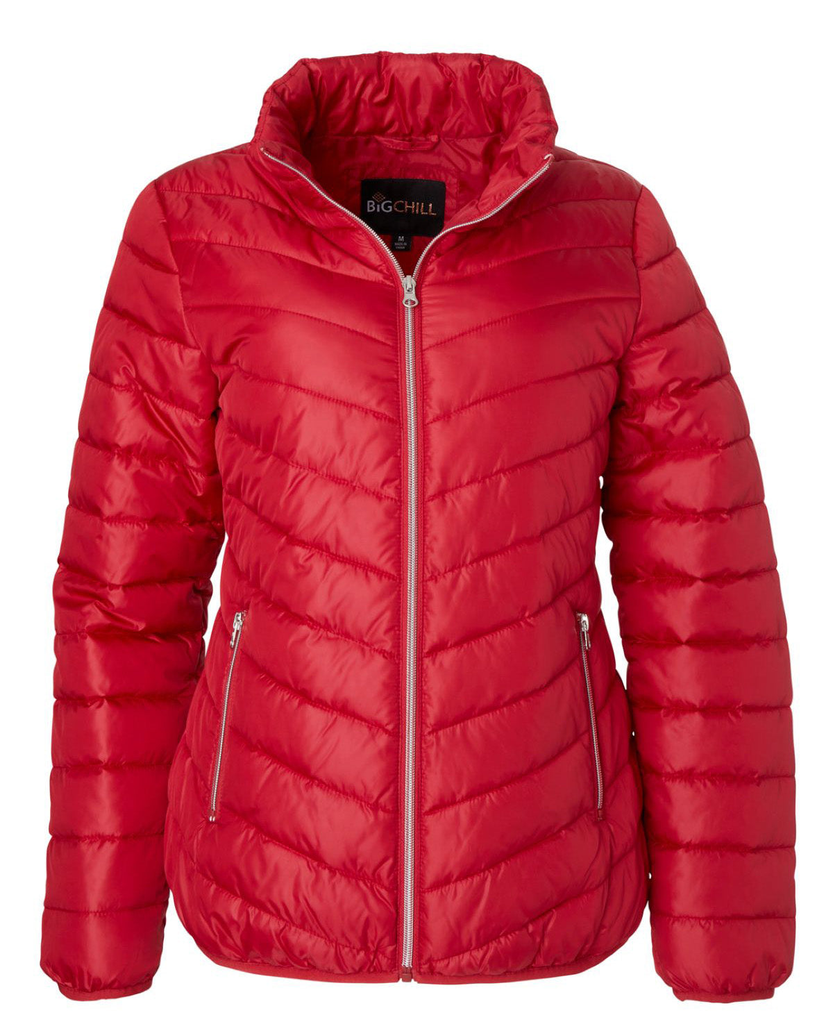 A red puffer jacket with horizontal quilting, a full front zipper, and zippered hand pockets, shown against a plain white background. The brand name 'BIG CHILL' is visible on the inner neck label.