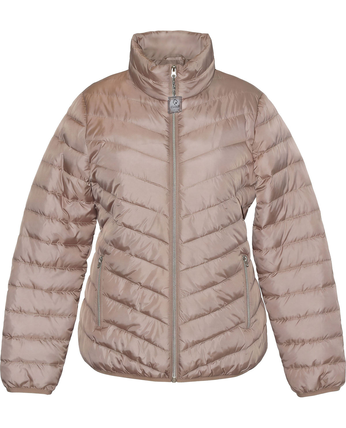 A women's quilted puffer jacket in a dusty rose or taupe-beige color, featuring a full-zip front, stand-up collar, and zippered hand pockets, shown against a plain white background.