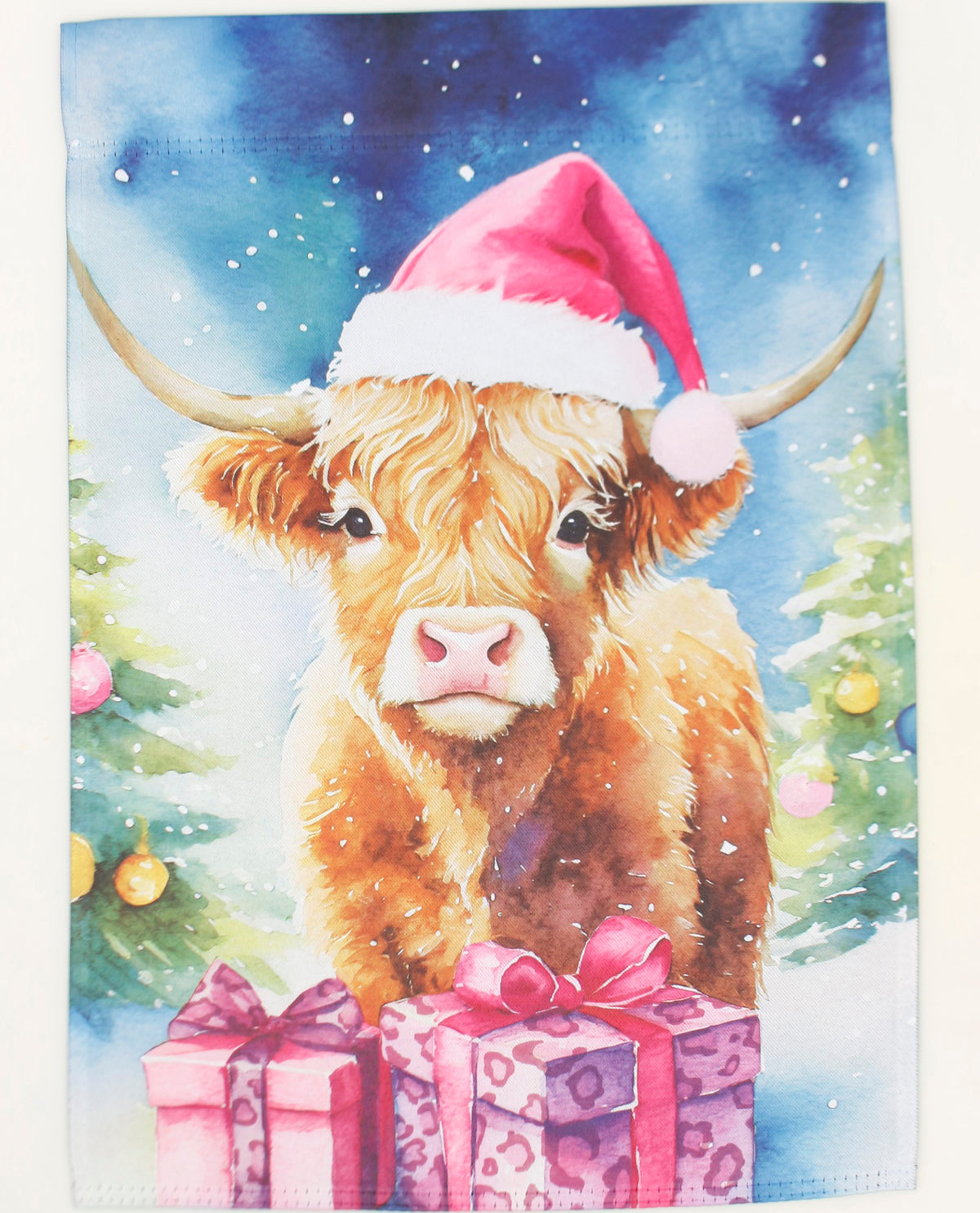 Highland Cow with Pink Hat and Presents Garden Flag