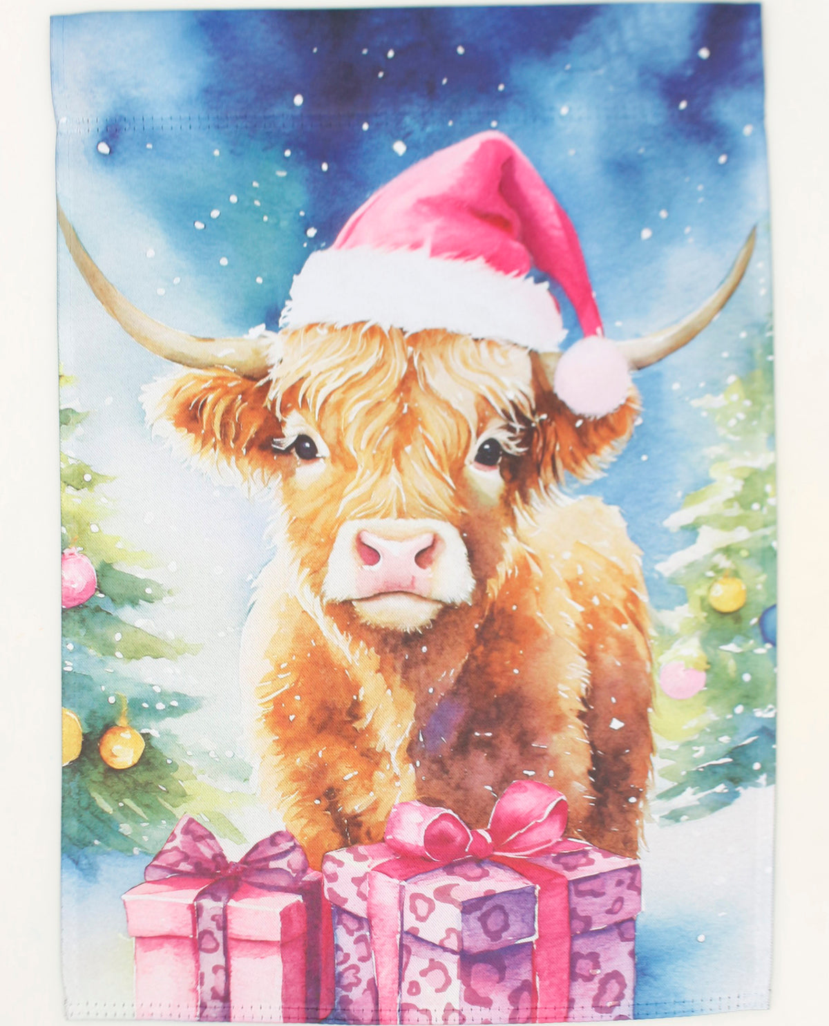 Pink Hat Highland Cow with Presents House Flag