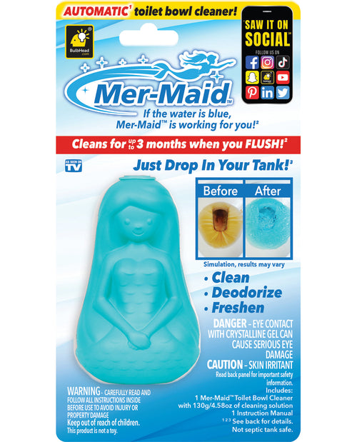 Packaging of Mer-Maid Toilet Cleaner showing the product in blue color and an 'Automatic' label, with before and after use imagery indicating the product's effectiveness.