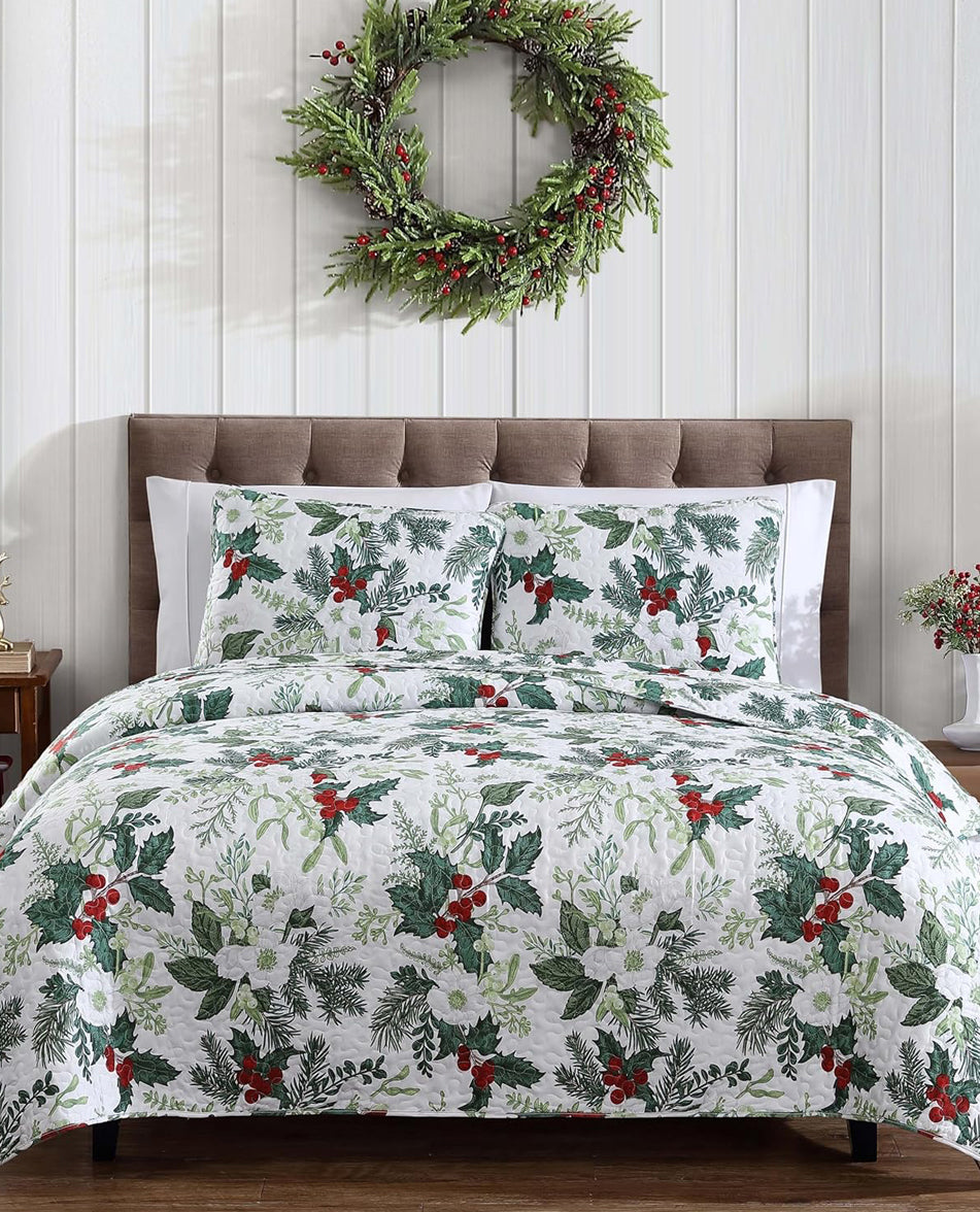 King Green Bouquet Christmas Three Piece Quilt Set