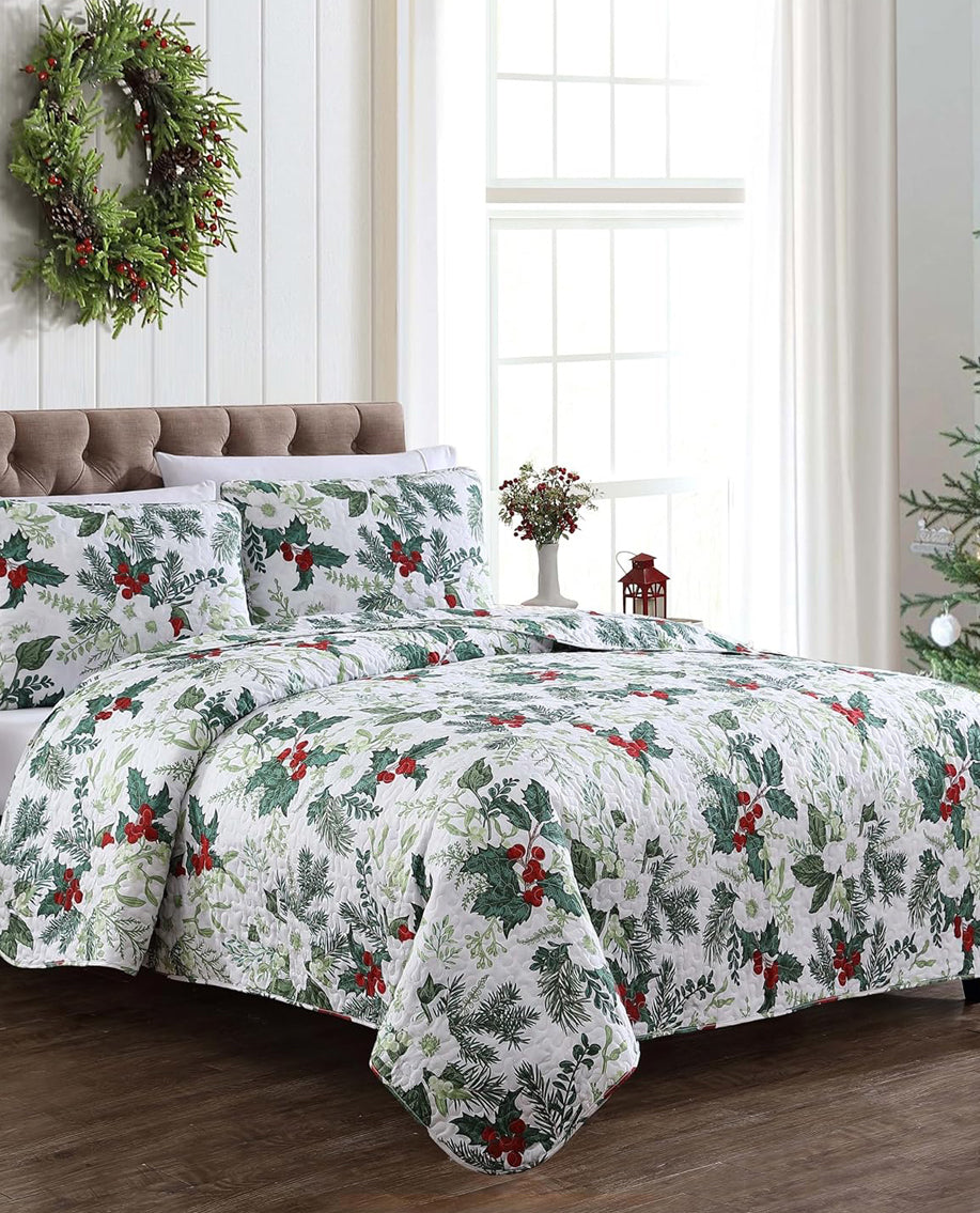 King Green Bouquet Christmas Three Piece Quilt Set