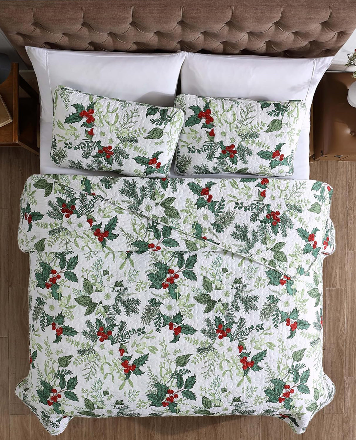 King Green Bouquet Christmas Three Piece Quilt Set