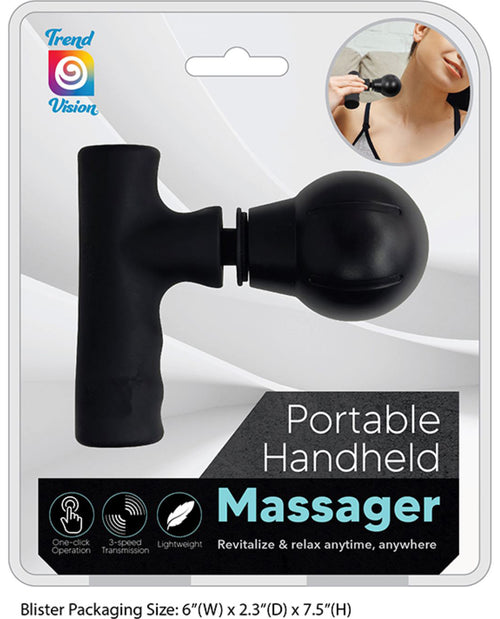 Packaging of a portable handheld massager showing the device itself as well as the brand logo and product information.