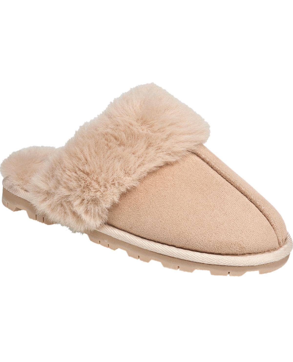 Beige slipper with fur trim on a white background
