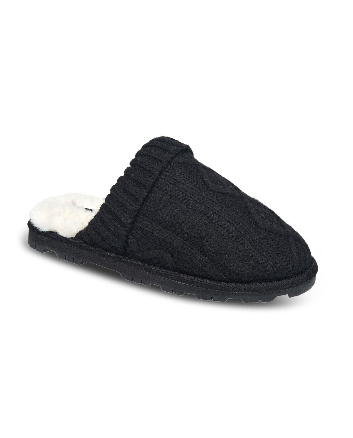 Black slipper with white fur lining on a white background