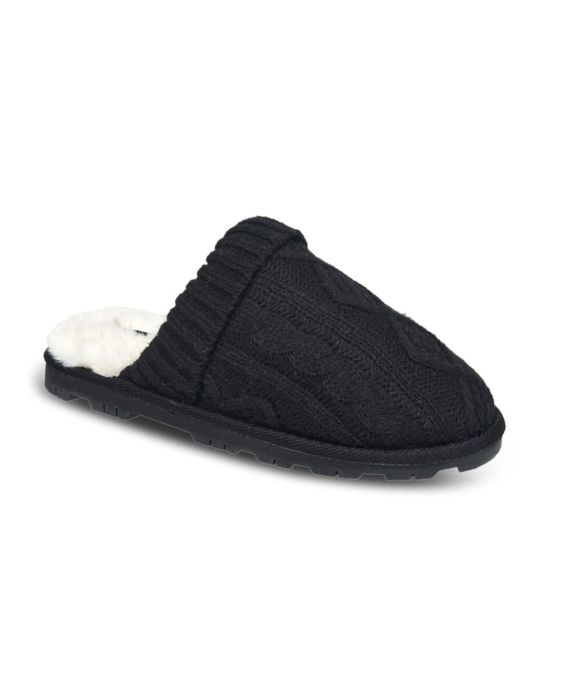 Black slipper with white fur lining on a white background