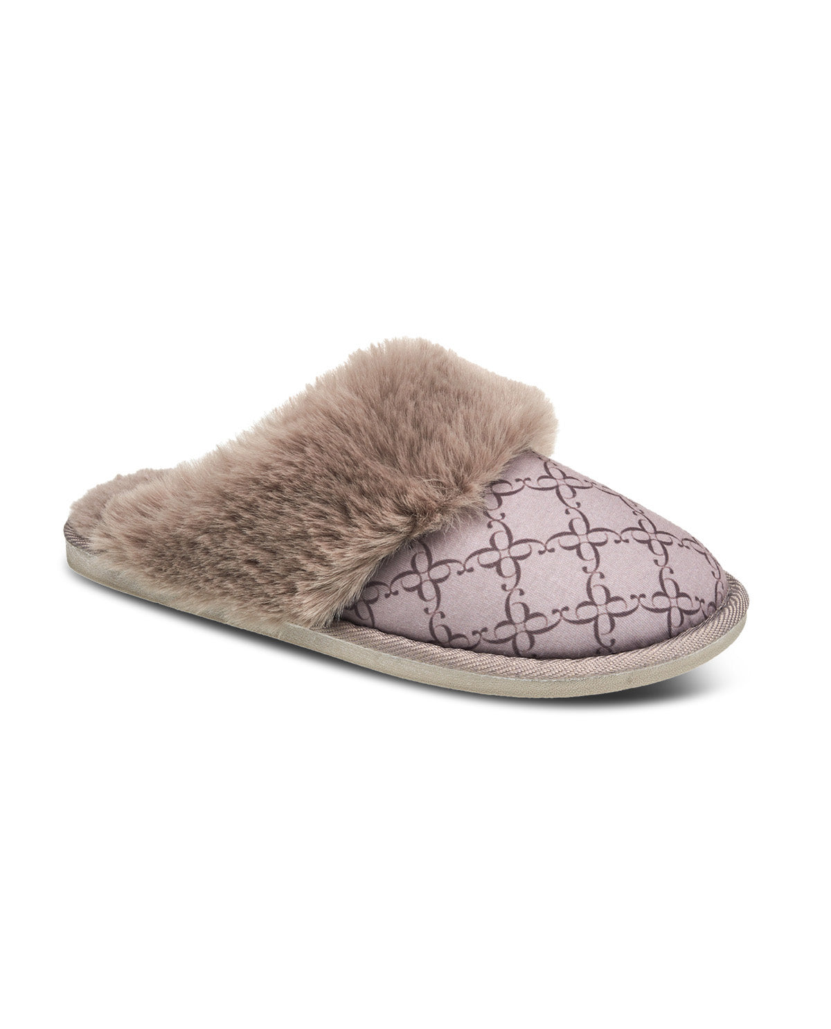 A single slip-on slippers featuring a soft taupe faux fur collar and a dusty mauve quilted upper with a dark geometric pattern, set against a plain white background.