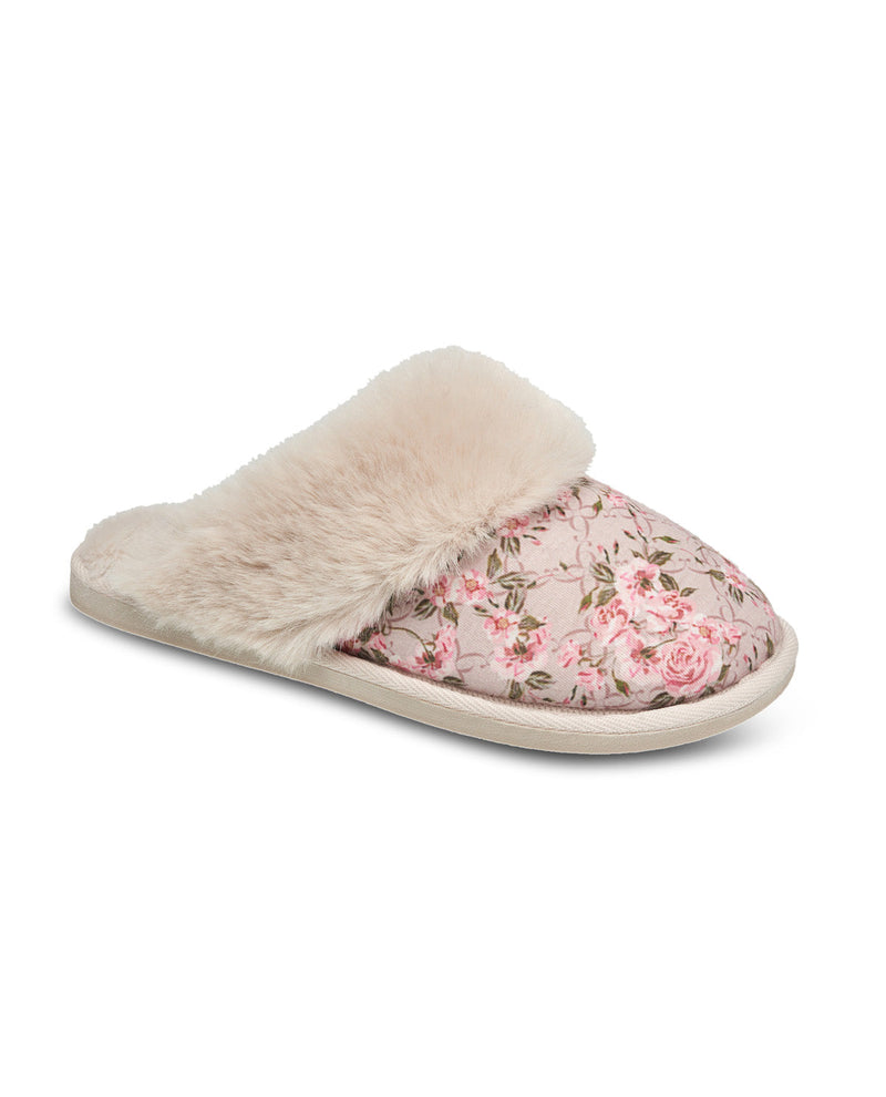 Floral slipper with fluffy lining on a white background