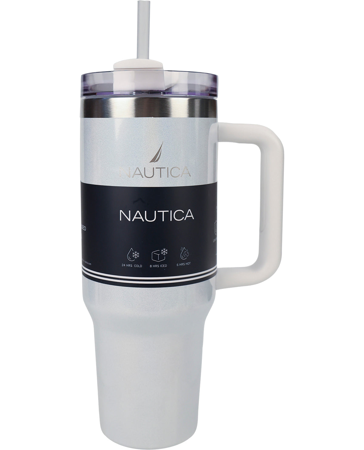 A white Nautica insulated travel tumbler with a handle, clear lid, and straw, featuring a black label with the Nautica brand name.