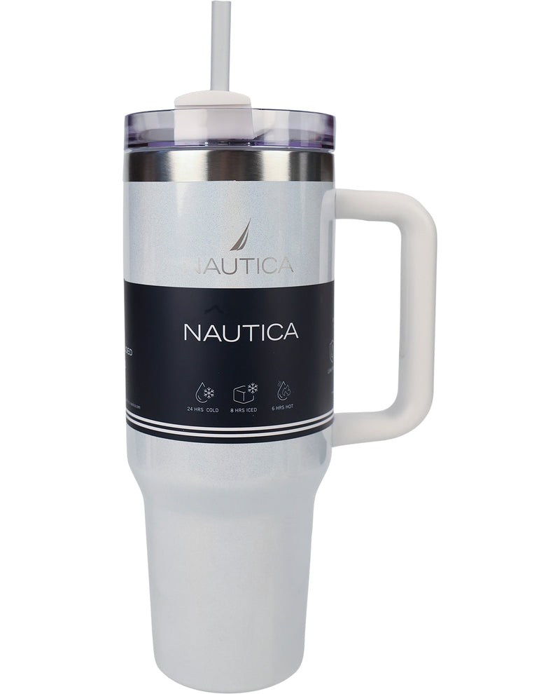 A white Nautica insulated travel tumbler with a handle, clear lid, and straw, featuring a black label with the Nautica brand name.