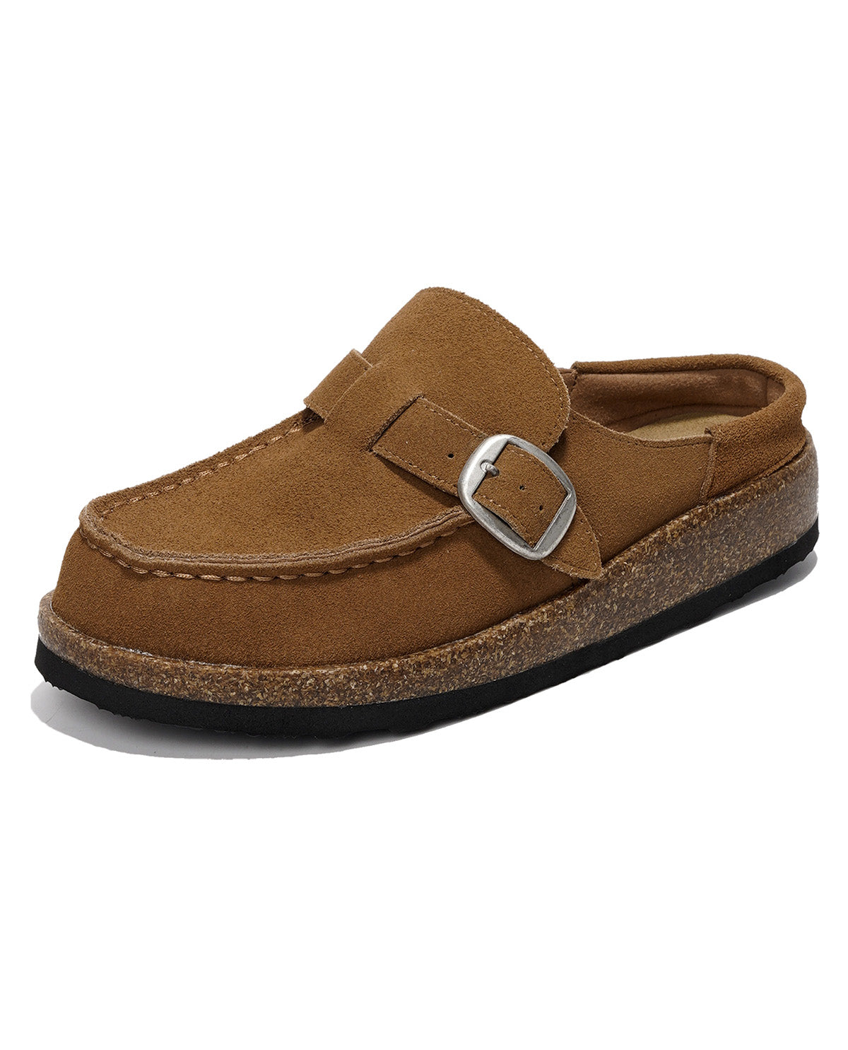 A single brown suede moccasin-style clog shoe with a silver buckle strap and a cork-textured midsole, shown on a plain white background.