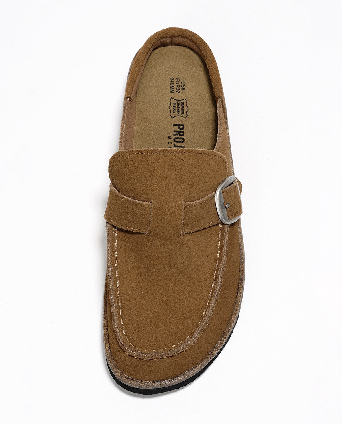 A single brown suede loafer-style shoe with a wide strap and silver buckle, photographed from above on a white background.