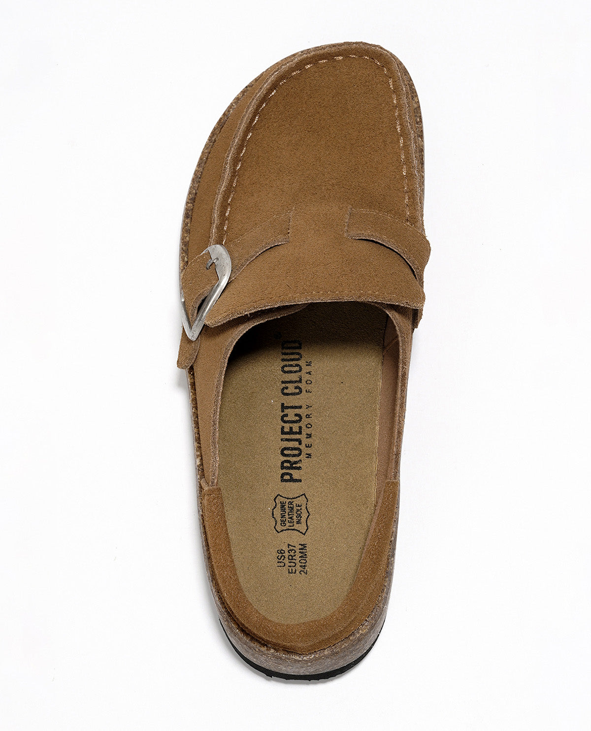 A single tan suede loafer slip-on shoe with a silver metal buckle detail on the side, photographed from a top-down perspective on a white background. The insole features the brand name 'PROJECT CLOUD'.