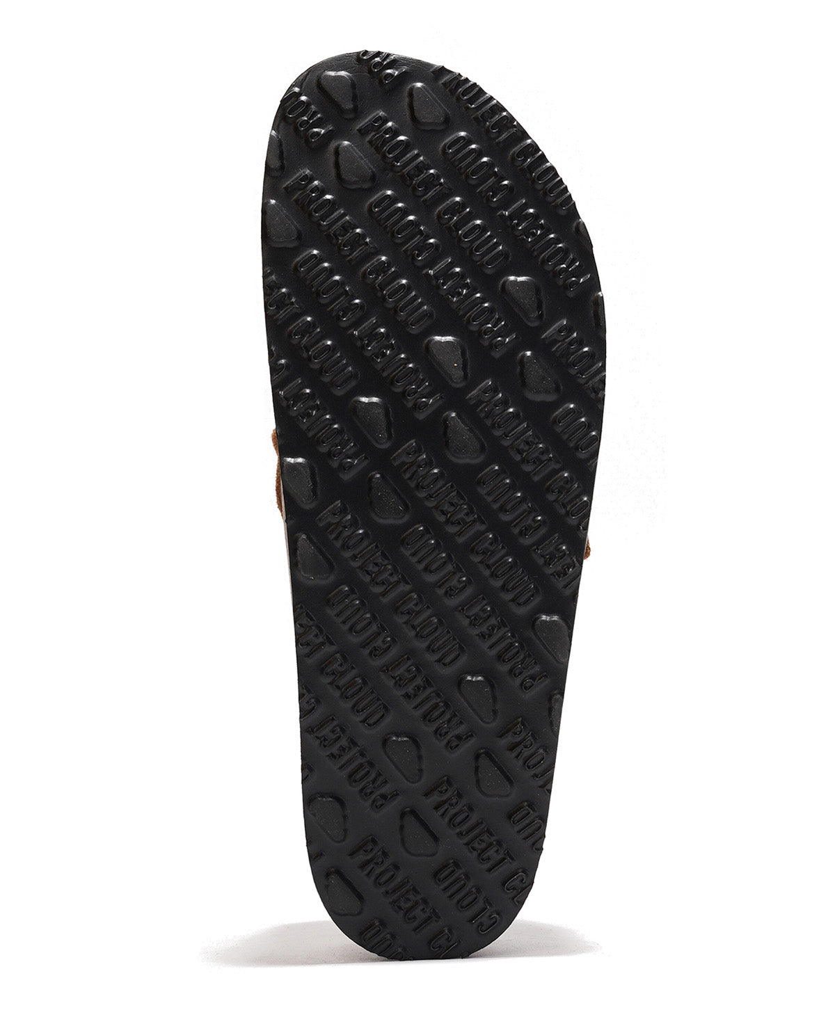 The black textured rubber outsole of a slide sandal, featuring embossed repeating 'PROJECT CLOUD' branding, shown against a plain white background.