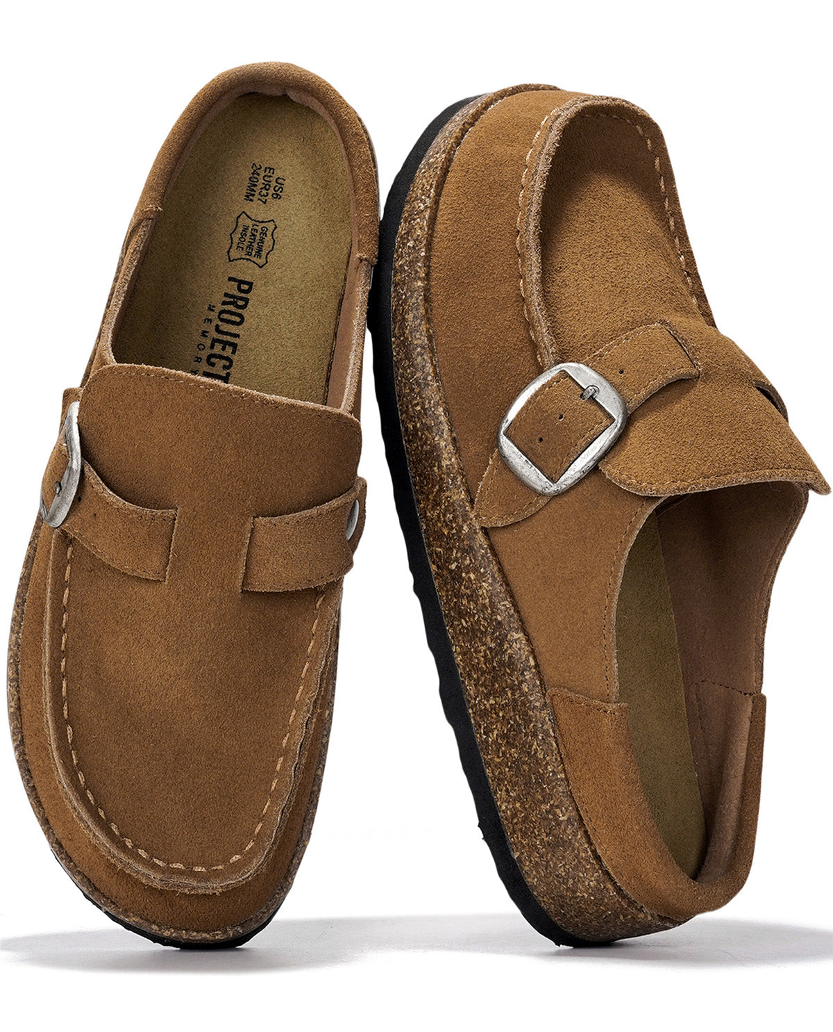 A pair of brown suede slip-on loafers with silver buckle straps, shown from the top and side views on a white background.