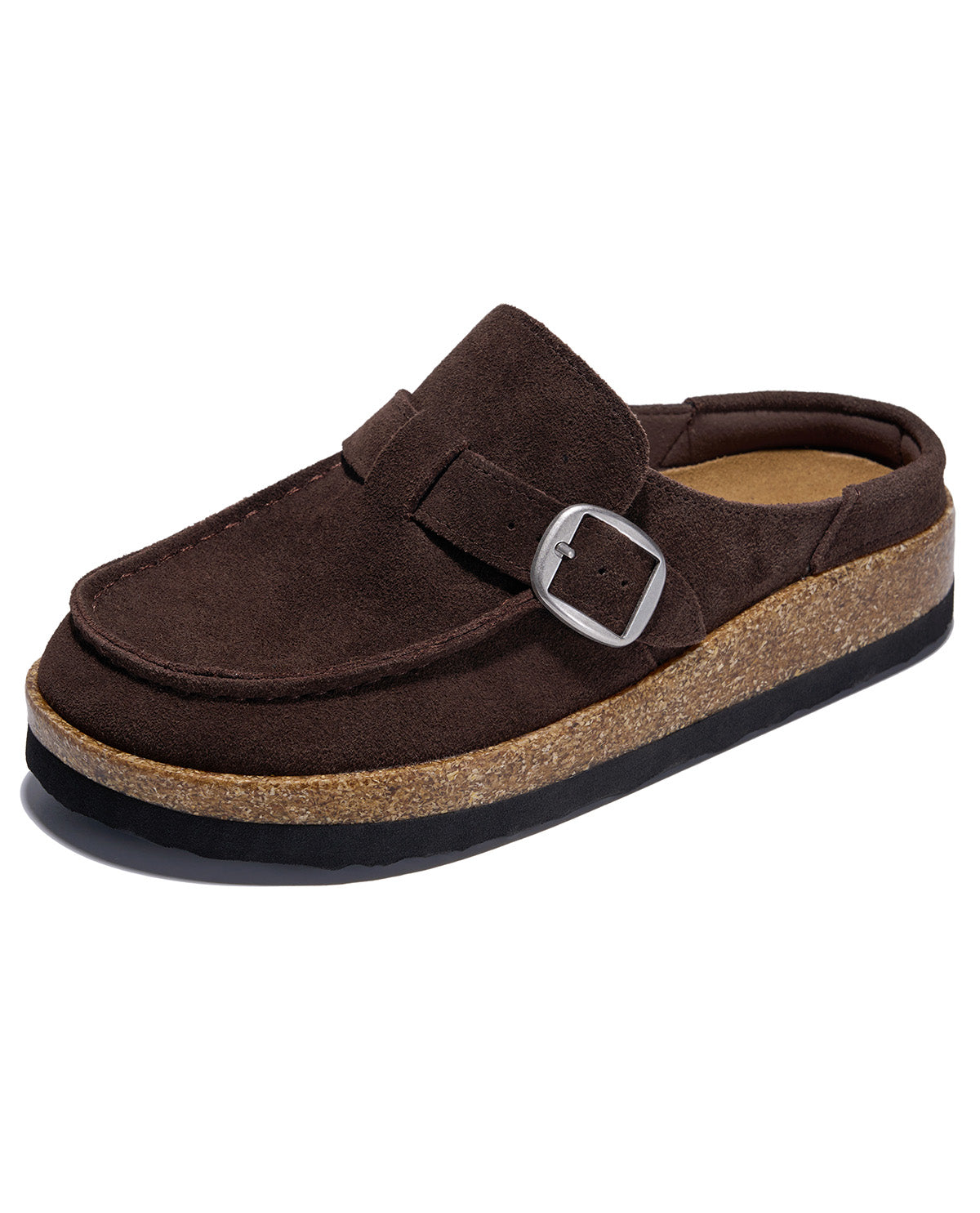 A dark brown suede mule slipper with a wide strap and a silver buckle, featuring a cork midsole and a black outsole, shown on a plain white background.