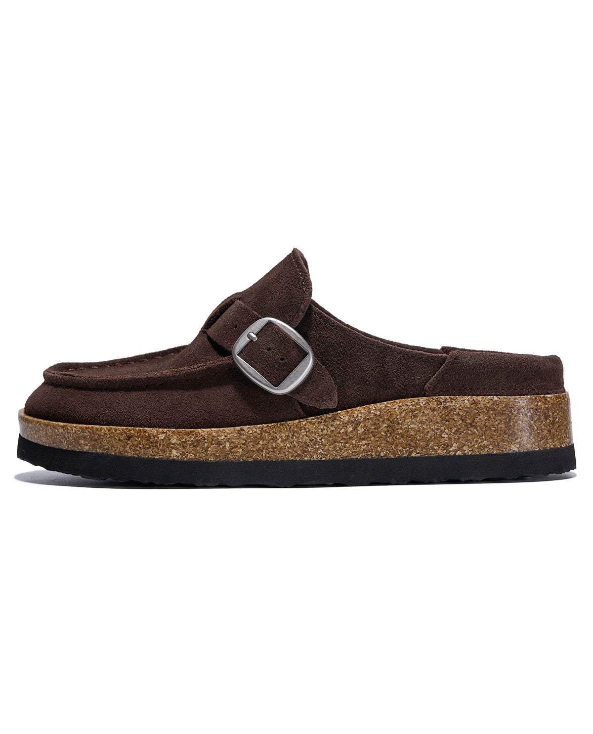A dark brown suede mule clog with a cork platform sole and a silver buckle strap, shown in a side profile on a white background.