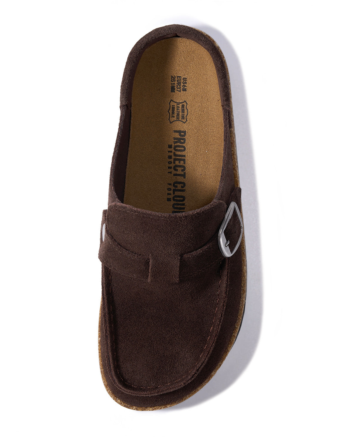 A single dark brown suede loafer-style shoe with a silver buckle strap, shown from a top-down perspective on a white background.