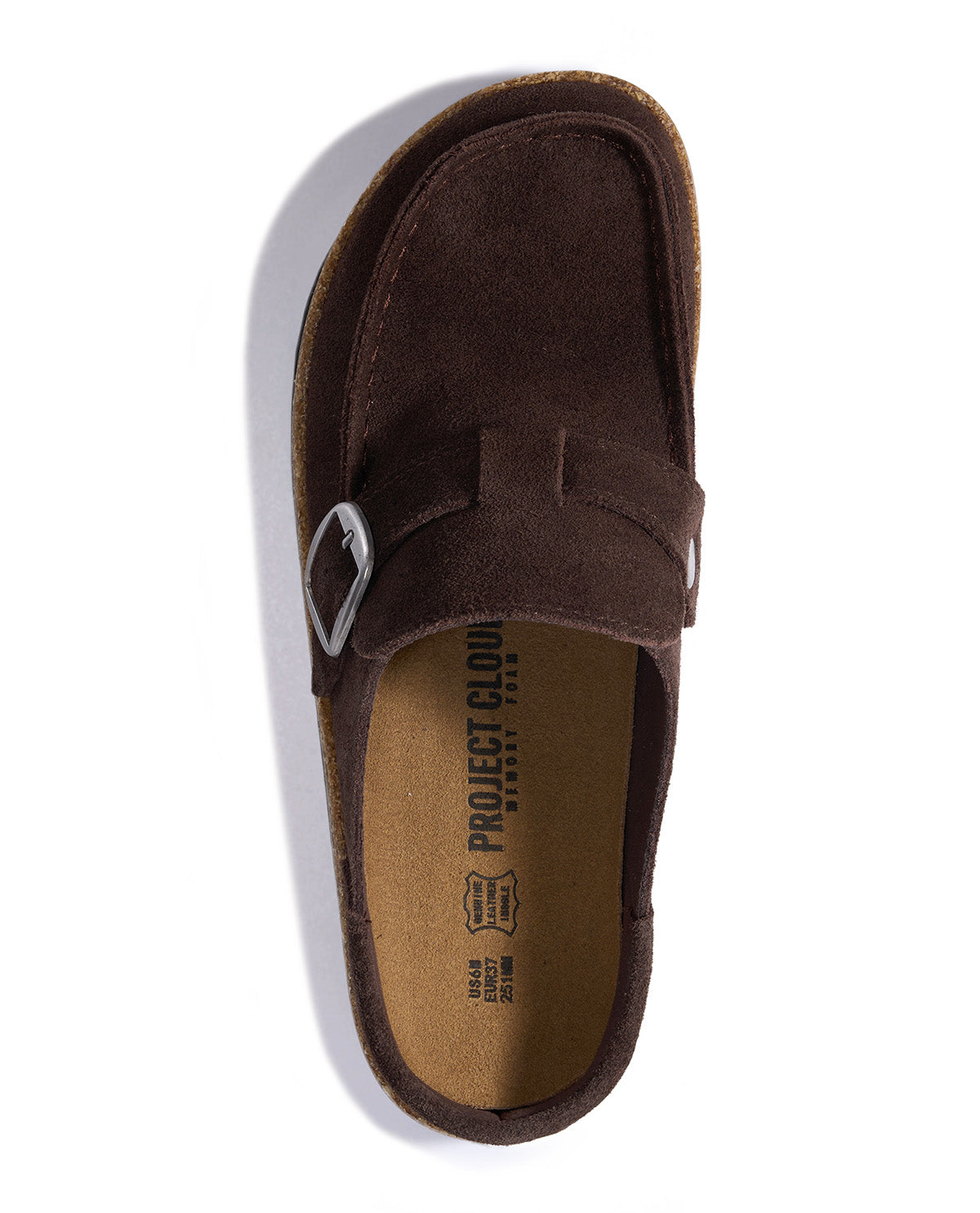 A single dark brown suede loafer slip-on shoe with a silver buckle strap, shown from a top-down perspective on a white background.