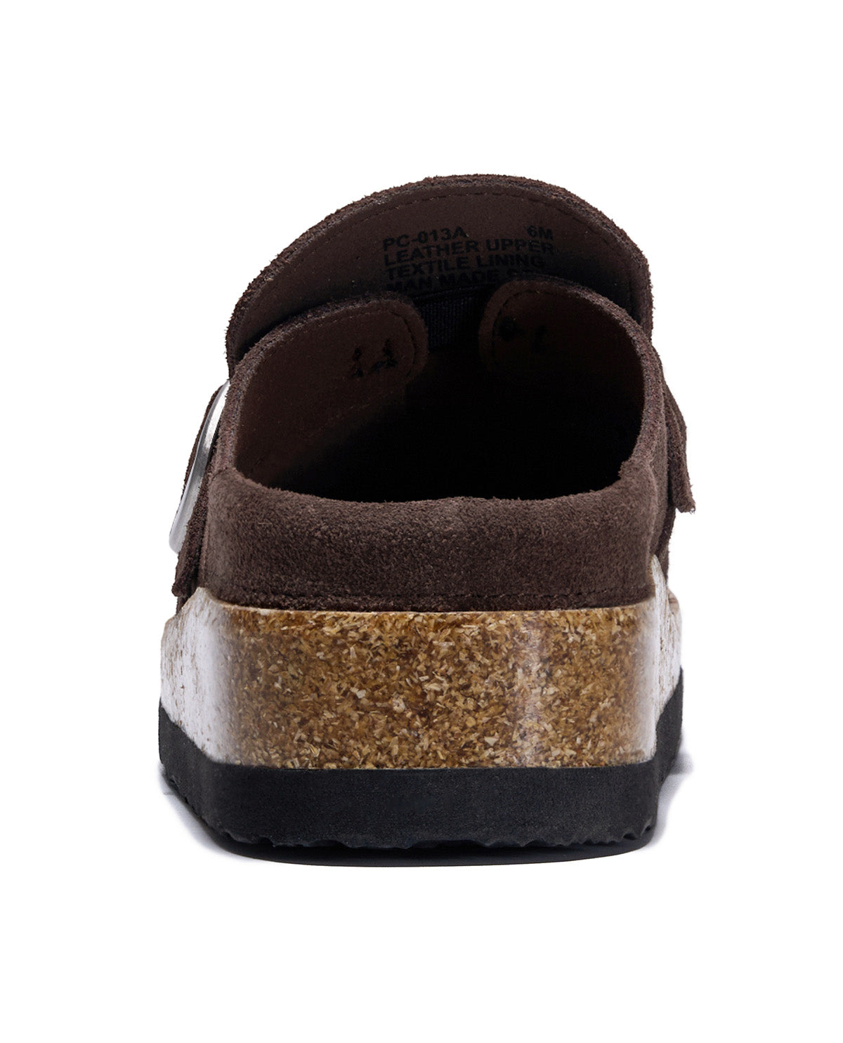 A single brown leather slip-on shoe with a cork midsole and black outsole, shown from a rear three-quarter view on a white background.
