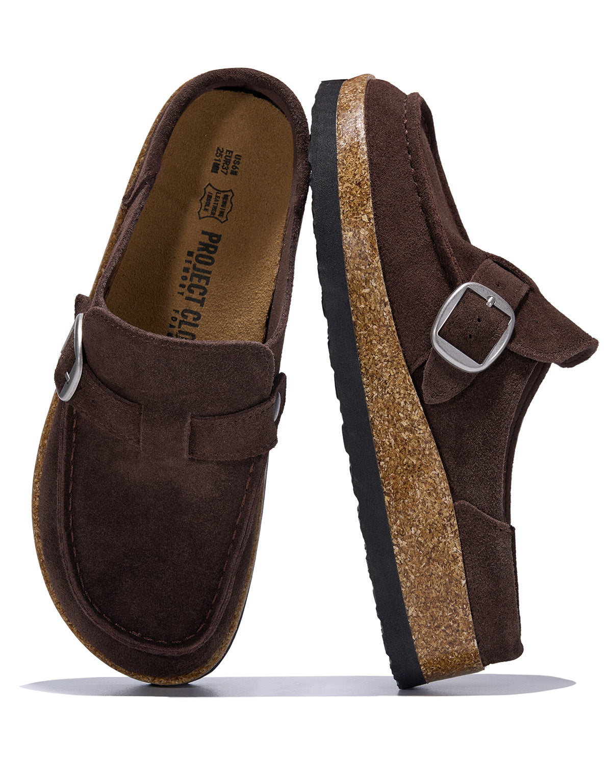 A pair of dark brown suede slip-on clogs with buckle straps, showing the top and side profile with a cork-wrapped midsole on a white background.