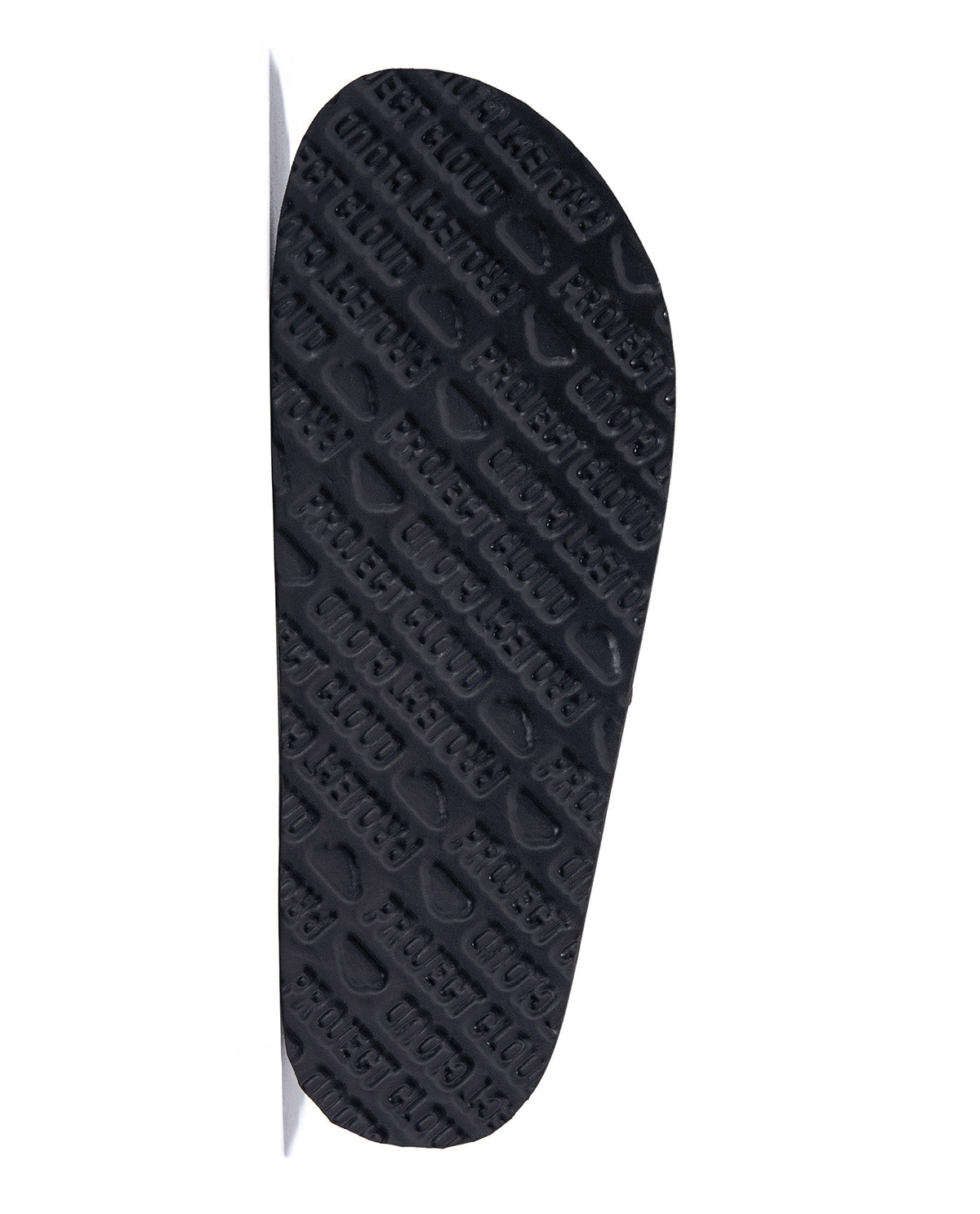 A close-up of a black shoe sole showing a textured tread pattern with the brand name 'PROJECT CLOUD' embossed repeatedly, set against a plain white background.