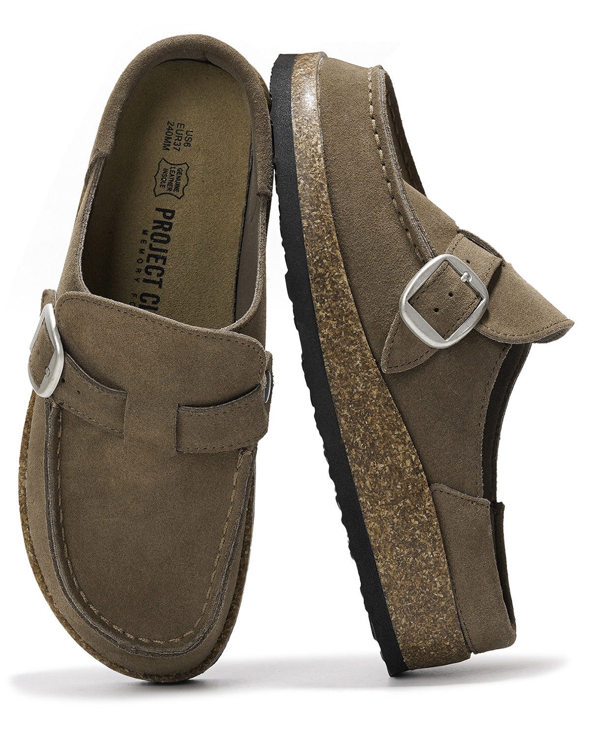 A pair of Project Cloud slip-on clogs in taupe brown suede, featuring a cork-look midsole, black outsole, and silver buckle details, shown on a white background.