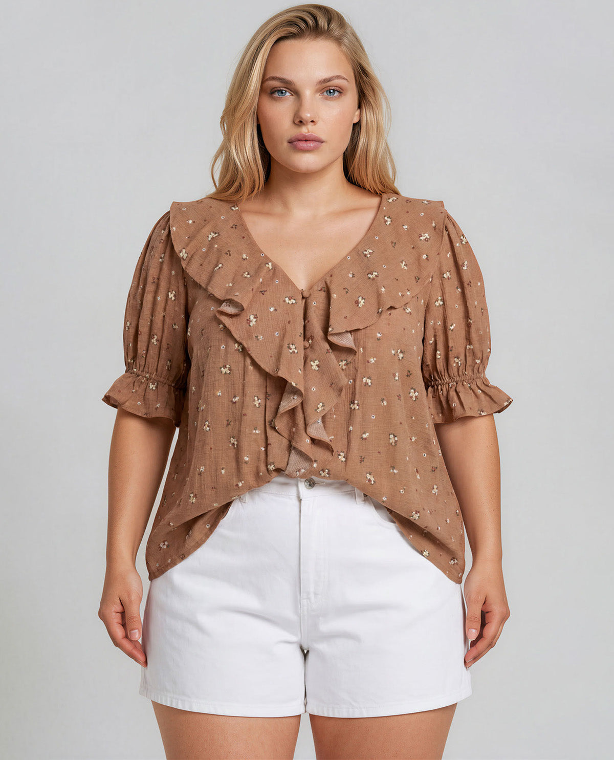 Blu Pepper Floral Ruffle Trim Top Brown