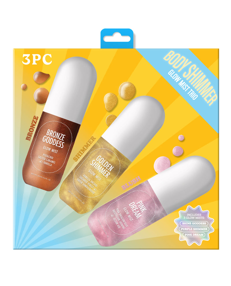 Three cosmetic bottles with packaging labeled '3PC Body Shimmer Glow Mist Trio' on a white background.