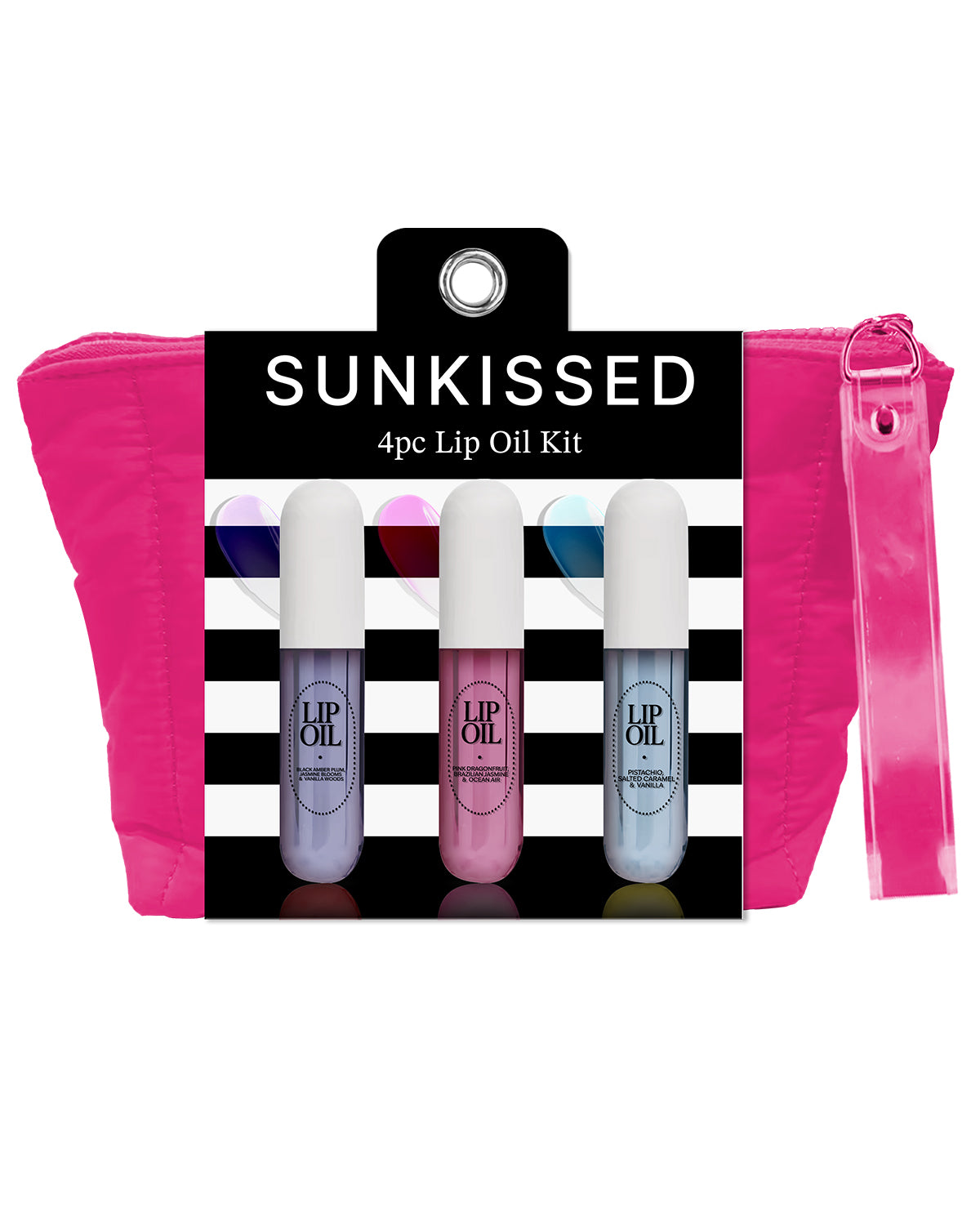 Sunkissed 4-piece lip oil kit with pink strap on a white background