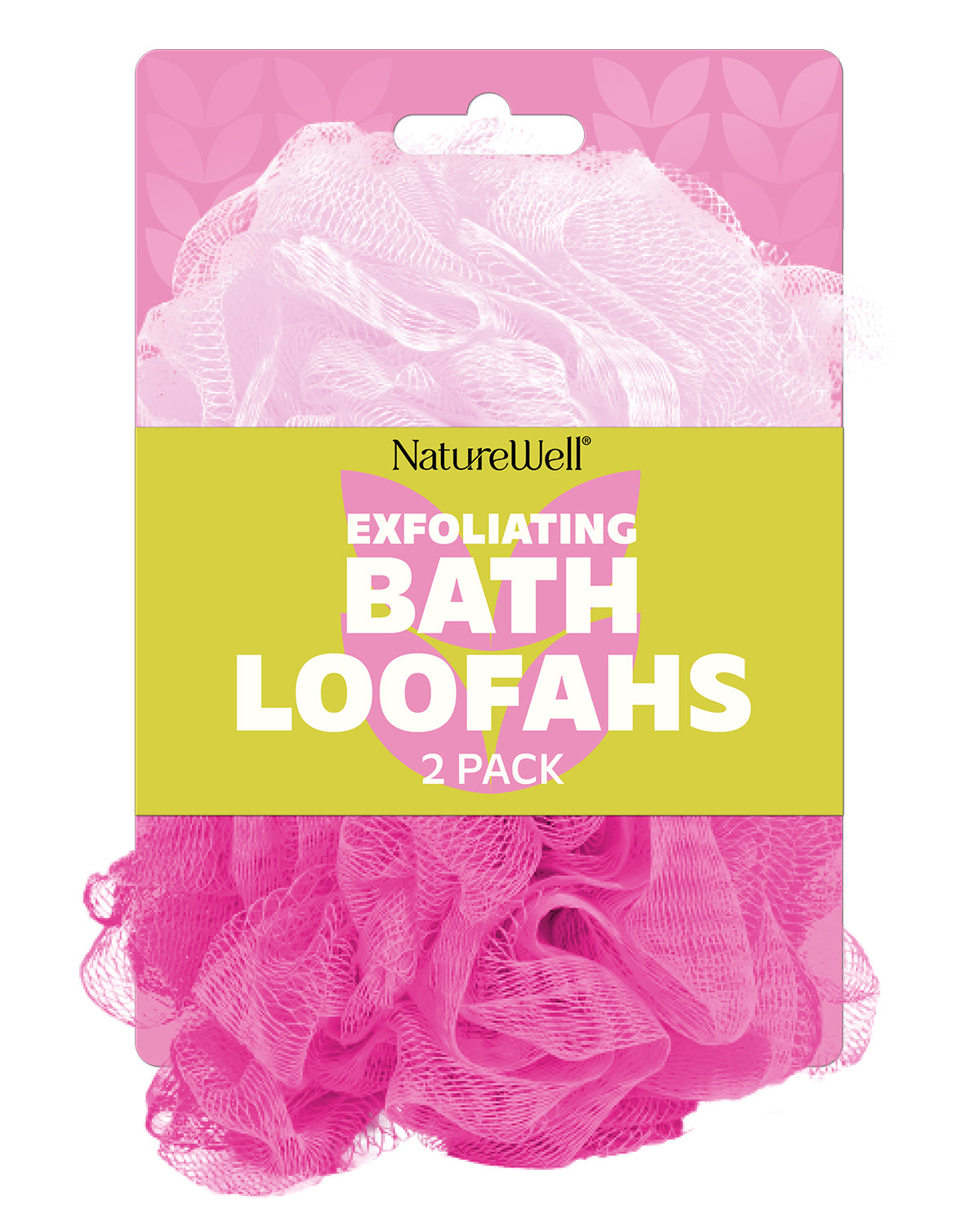 Pink bath loofahs with packaging labeled 'NatureWell Exfoliating Bath Loofahs 2 Pack' on a pink background.