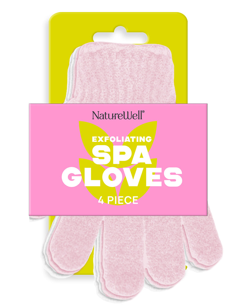 Pink exfoliating spa gloves with packaging labeled 'NatureWell' on a white background