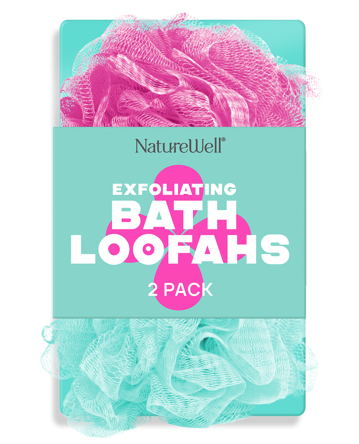 Packaging of NatureWell exfoliating bath loofahs with two loofahs visible.