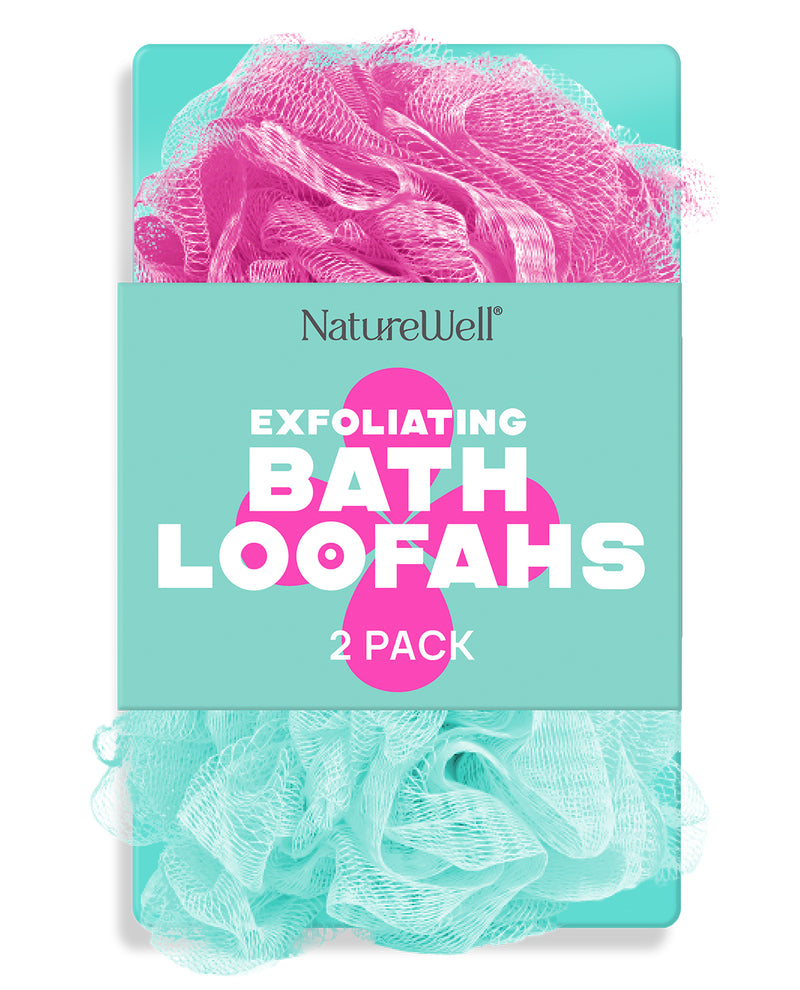 Packaging of NatureWell exfoliating bath loofahs with two loofahs visible.