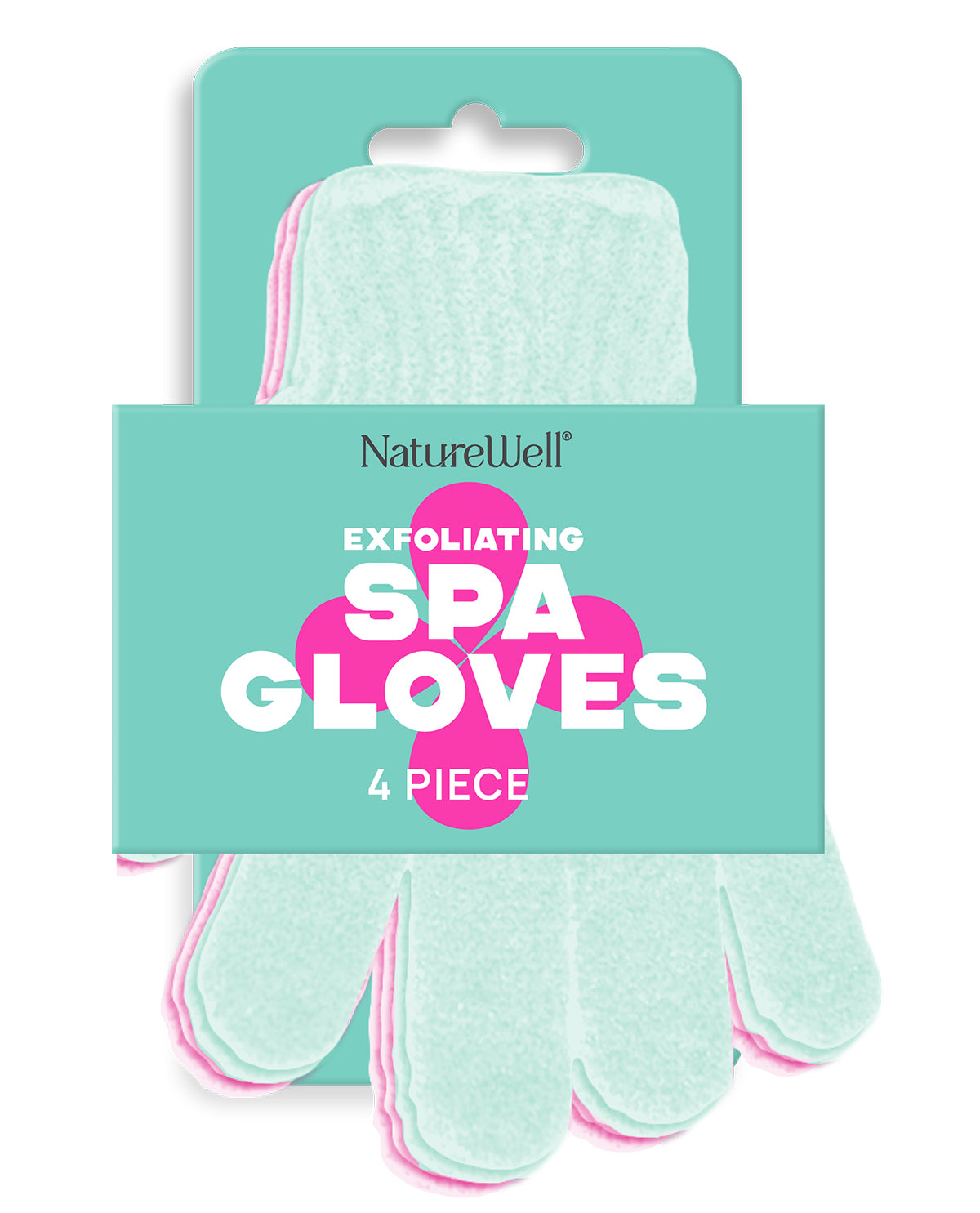 Pack of NatureWell exfoliating spa gloves with packaging on a white background