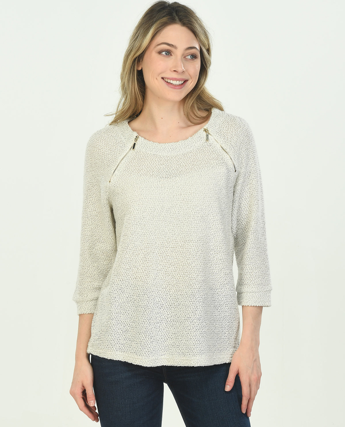 Robert Louis Missy 3/4 Sleeve Popcorn Raglan Zipper Fashion Top