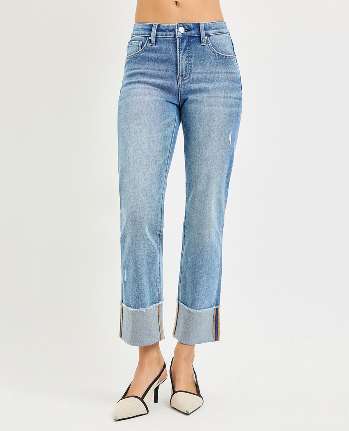 Risen Mid Rise Crop Cuffed Jeans Medium Wash