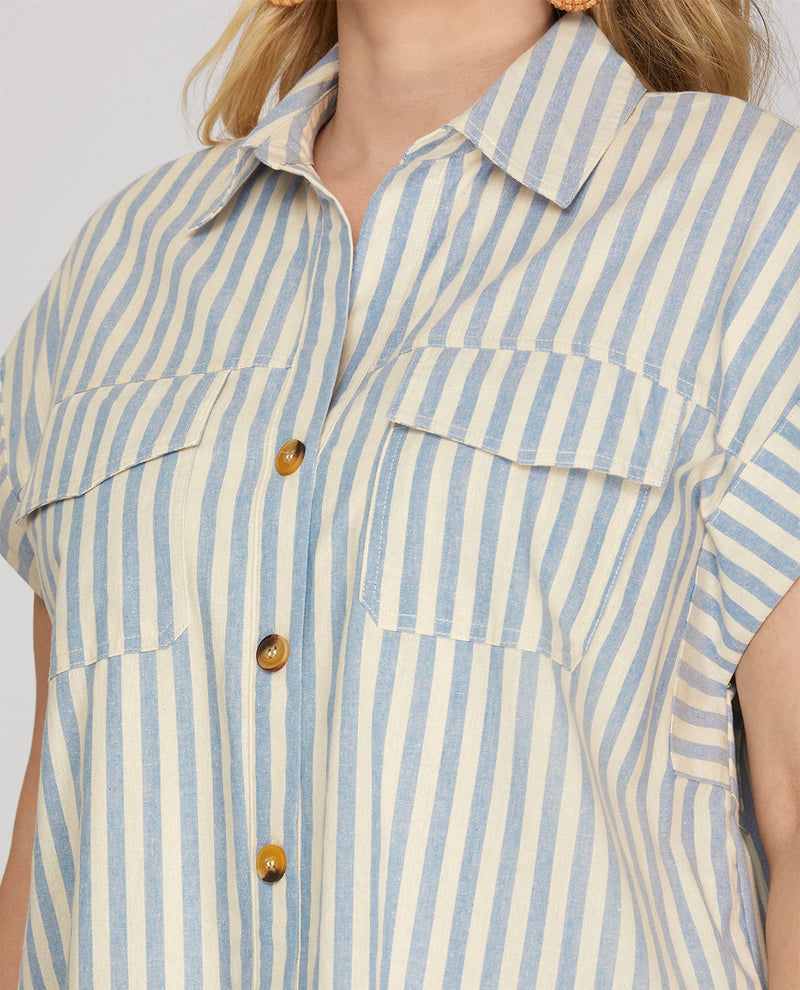 She And Sky Stripe Button Down Dress Lt Blue