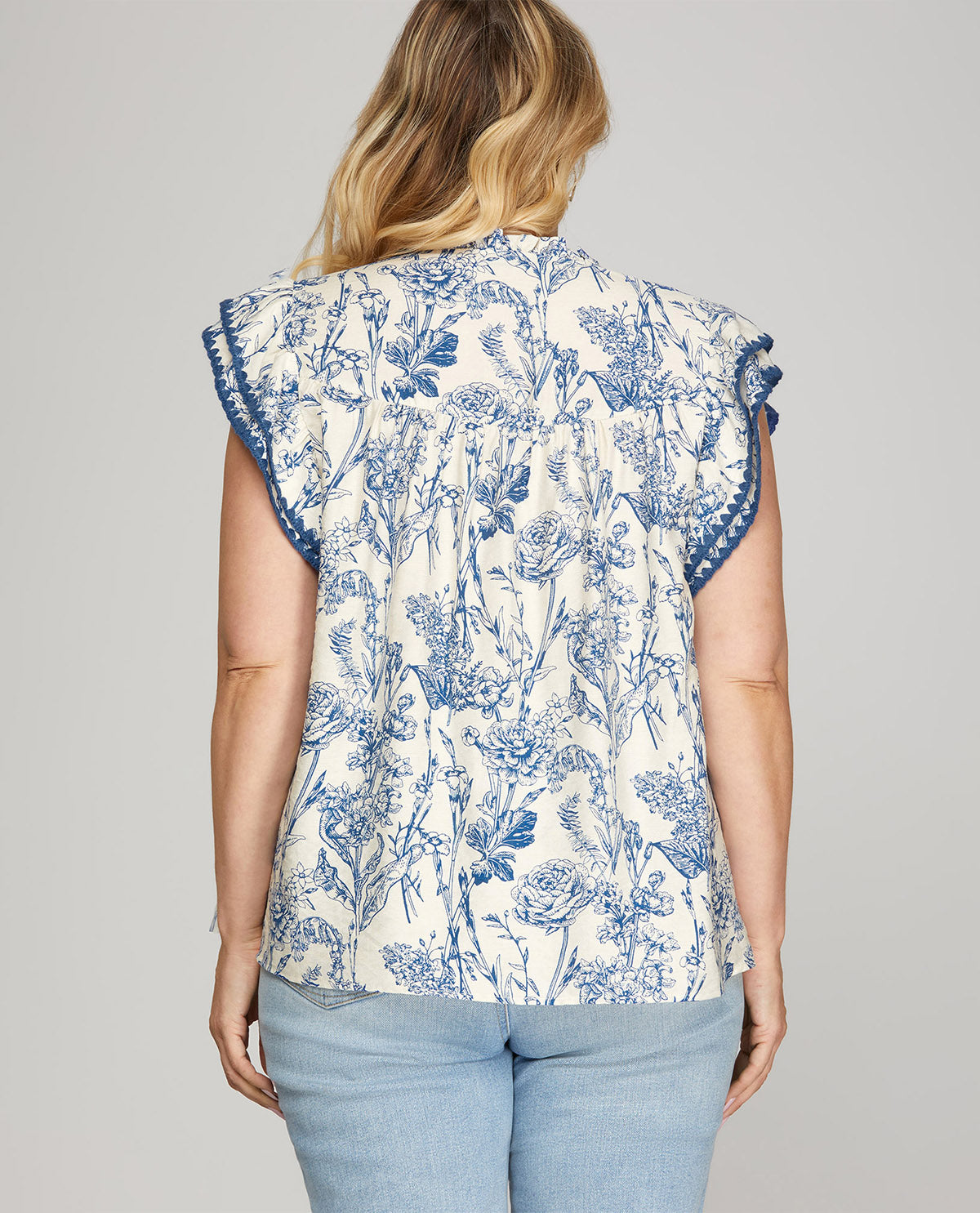 She And Sky Print Top with Contrast Stitch Blue