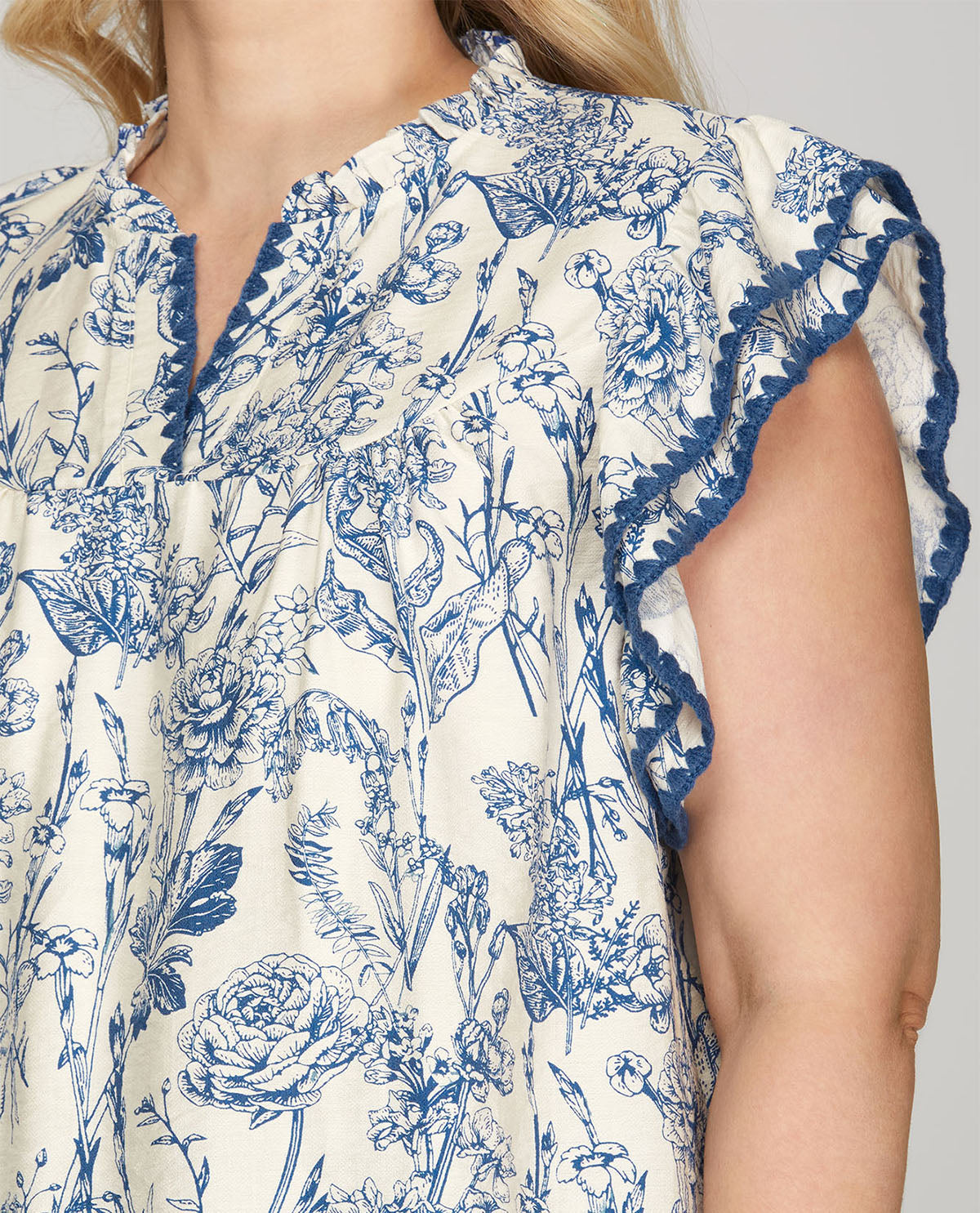 She And Sky Print Top with Contrast Stitch Blue