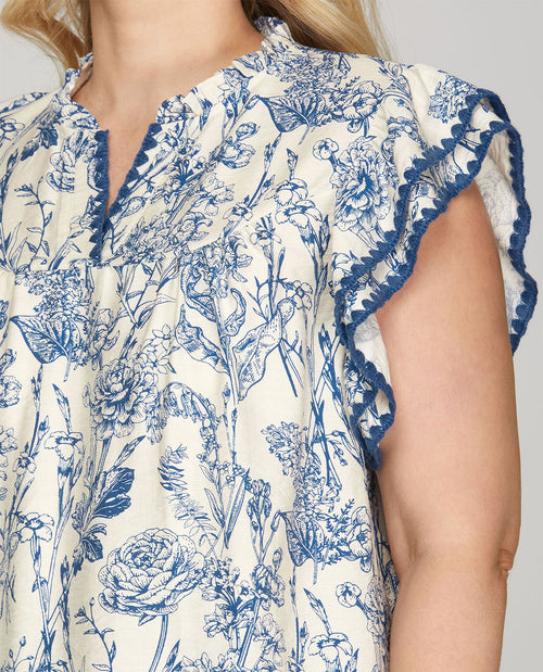 She And Sky Print Top with Contrast Stitch Blue