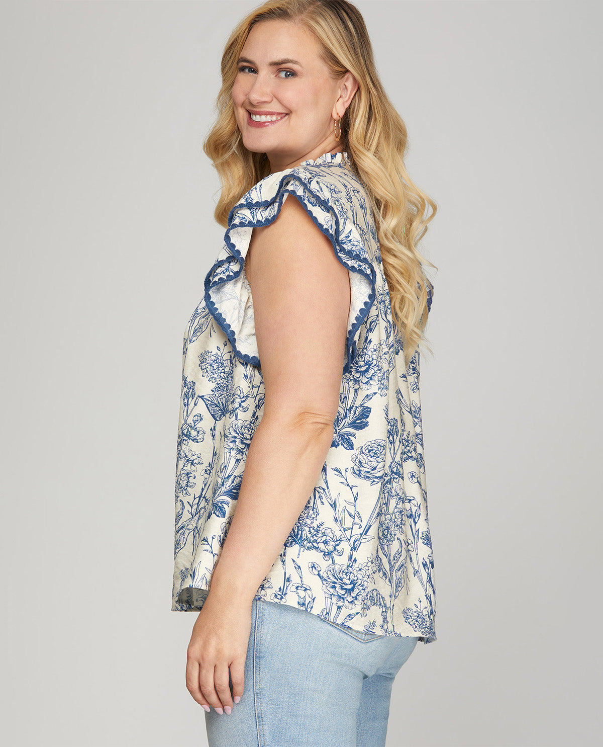 She And Sky Print Top with Contrast Stitch Blue