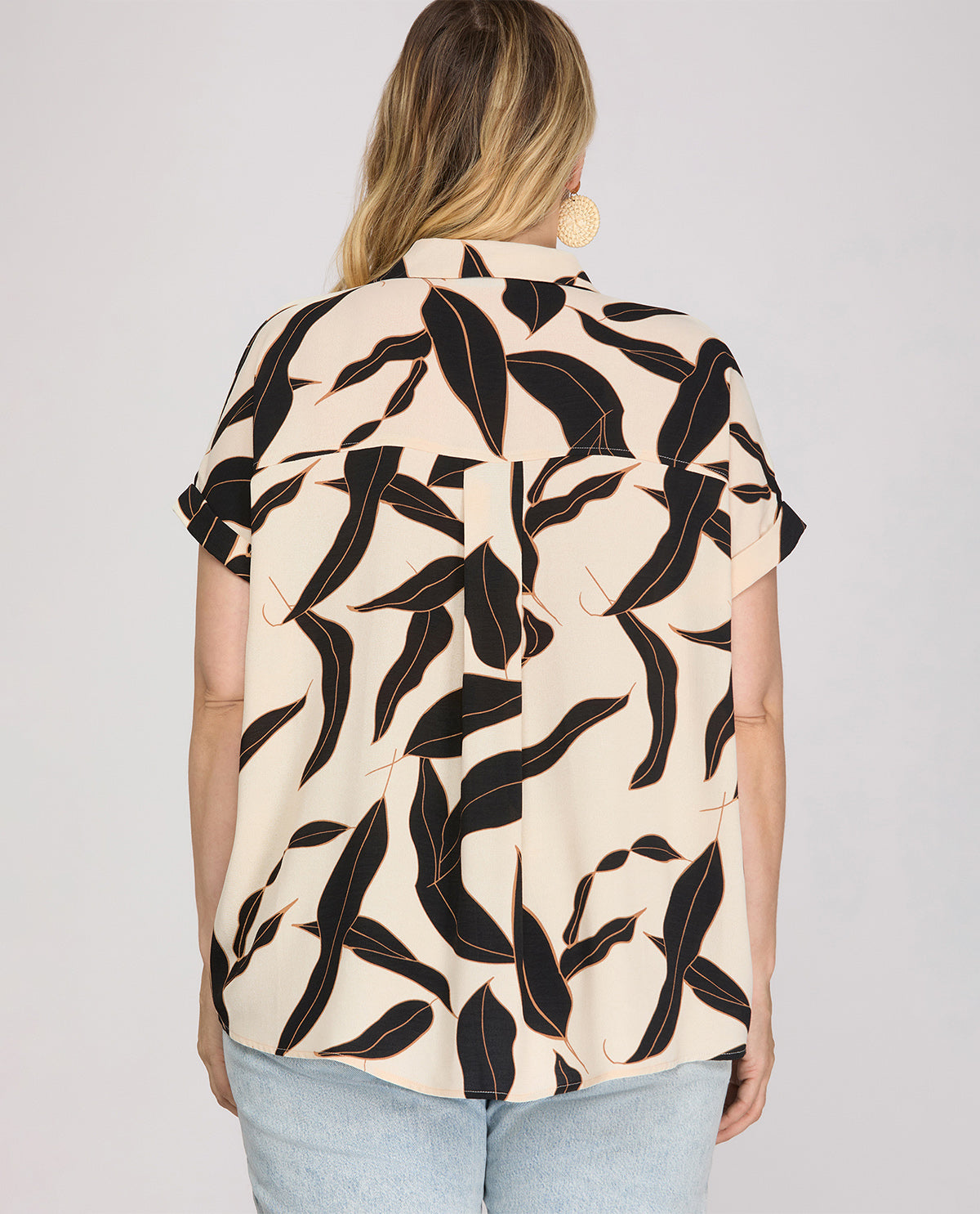 She & Sky Print Dolman Top With Collar Black