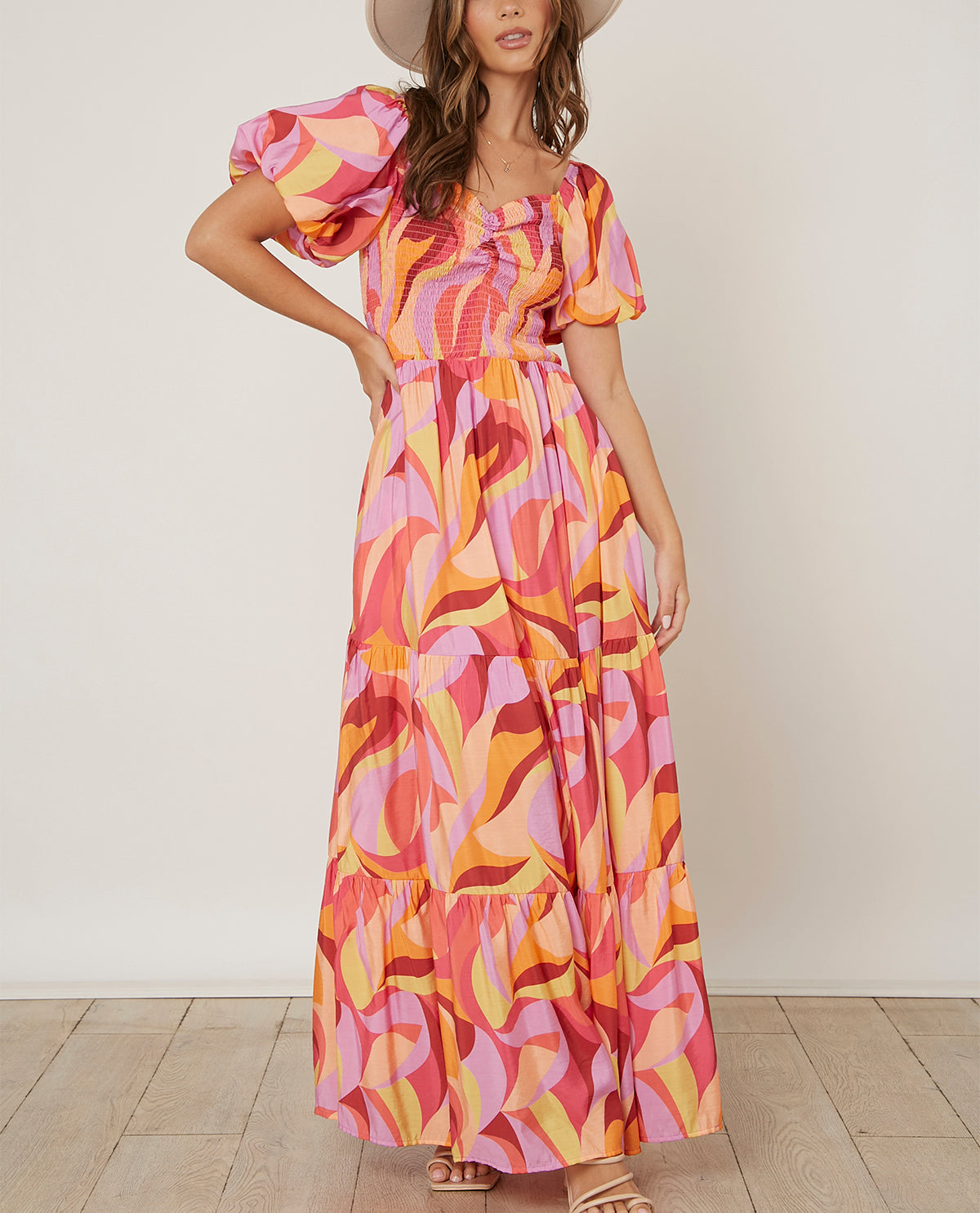 Peach Love Smocked Bust Geo Print Maxi Dress – Hamrick's Shop